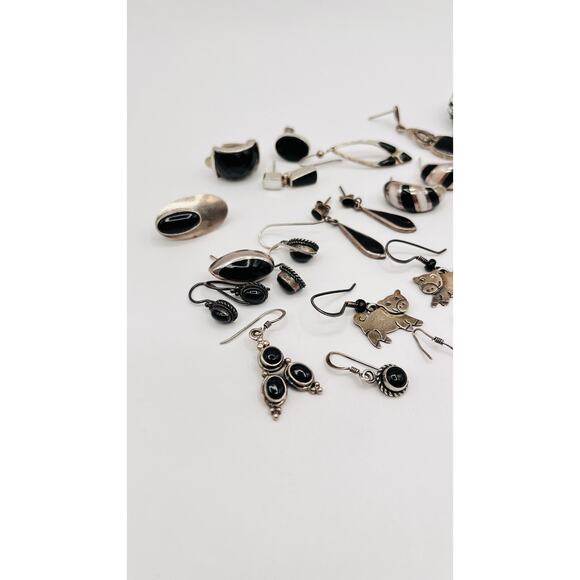 Lot Of Sterling Silver 925 Earrings Single/Pairs Black Onyx Silver SCRAP CRAFT - Picture 6 of 11
